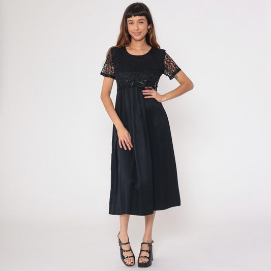 90s Black Lace Empire Waist Midi Dress Bow Detail Medium M