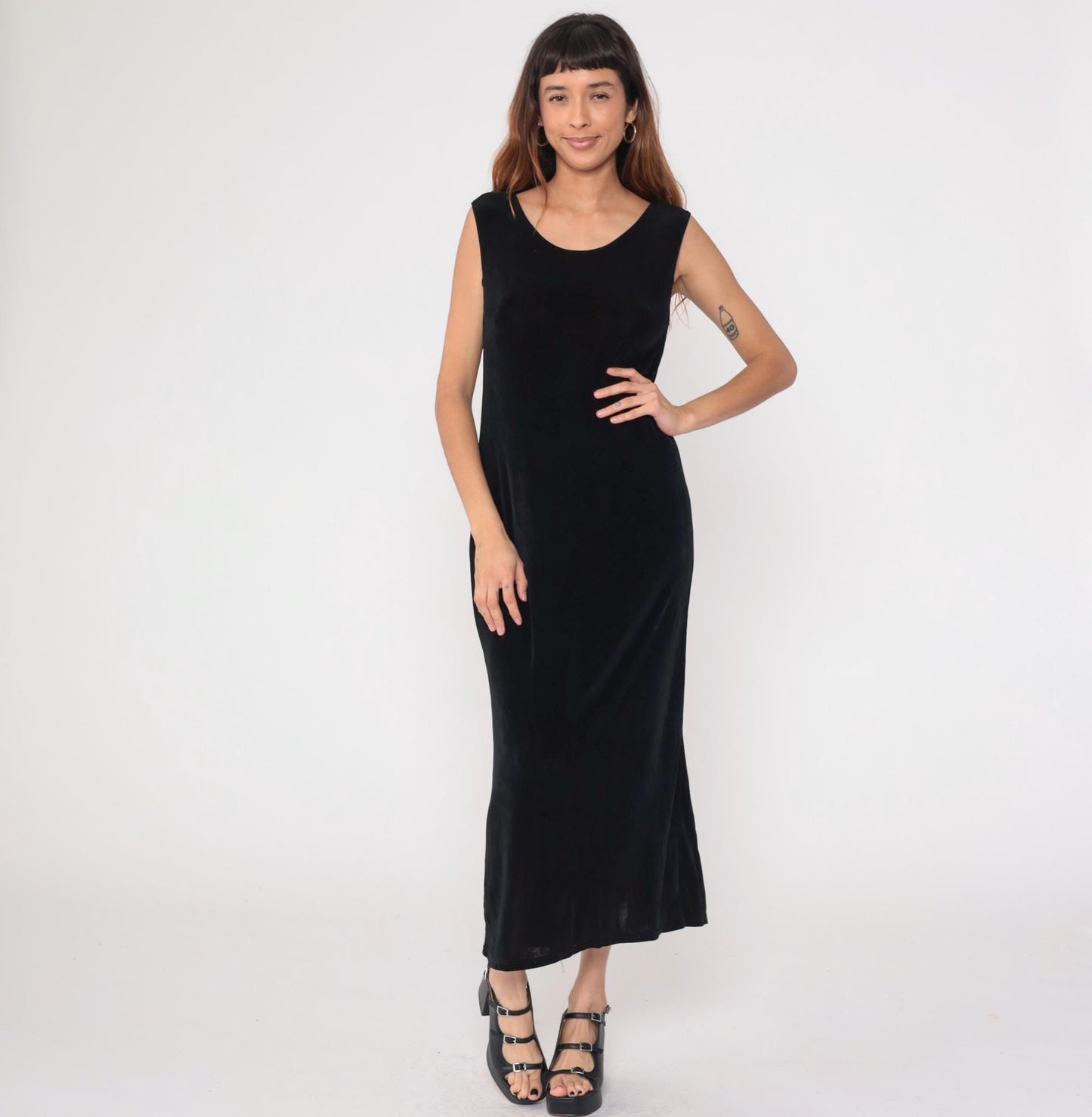 90s Black Sleeveless Column Maxi Dress Scoop Neck Side Slit Medium
