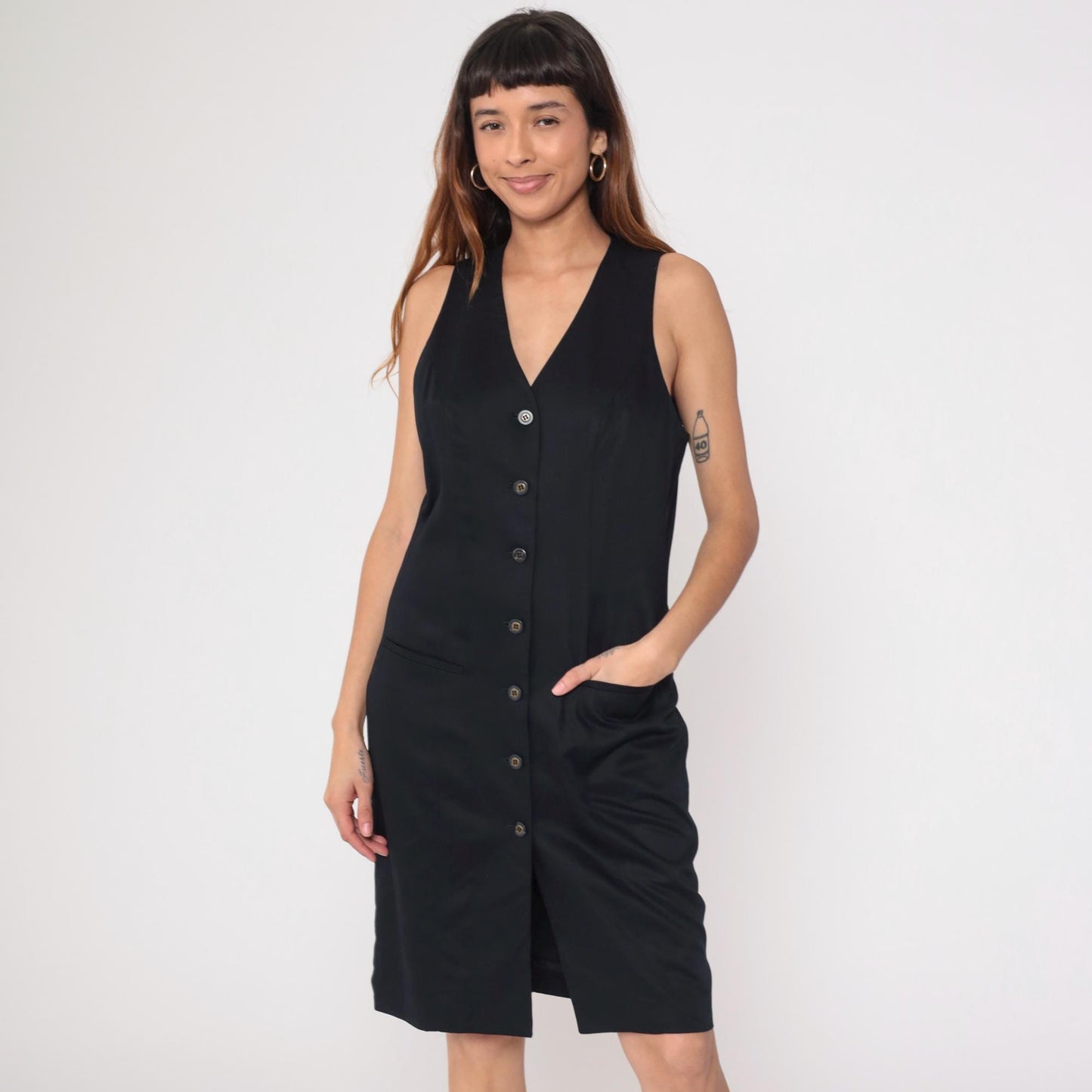90s Valerie Stevens Black Button-Front V-Neck Knee-Length Shift Dress Medium