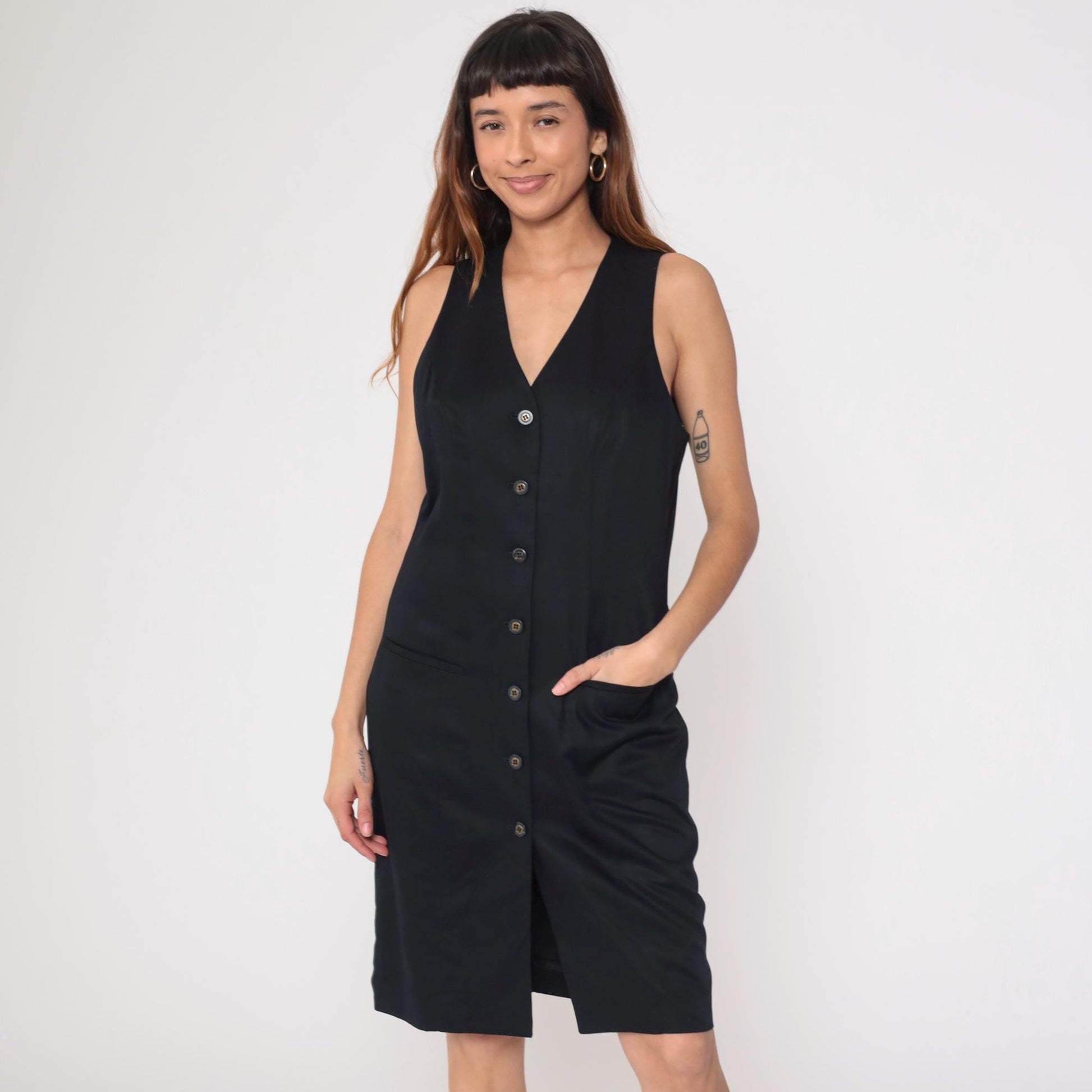90s Valerie Stevens Black Button-Front V-Neck Knee-Length Shift Dress Medium