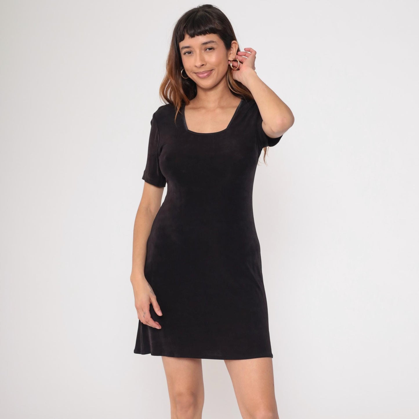 90s Black Mini Dress Rabbit Rabbit Rabbit Scoop Neckline Short Sleeve Medium