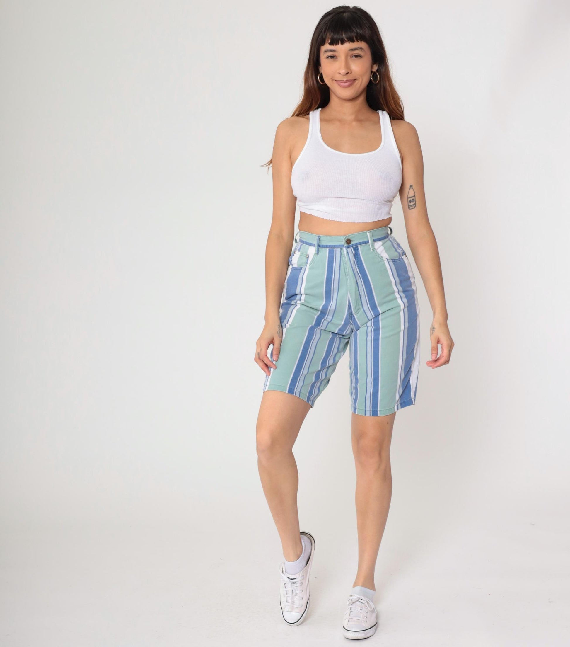 Y2K Anchor Blue Striped Bermuda Shorts High Waist Cotton Small S