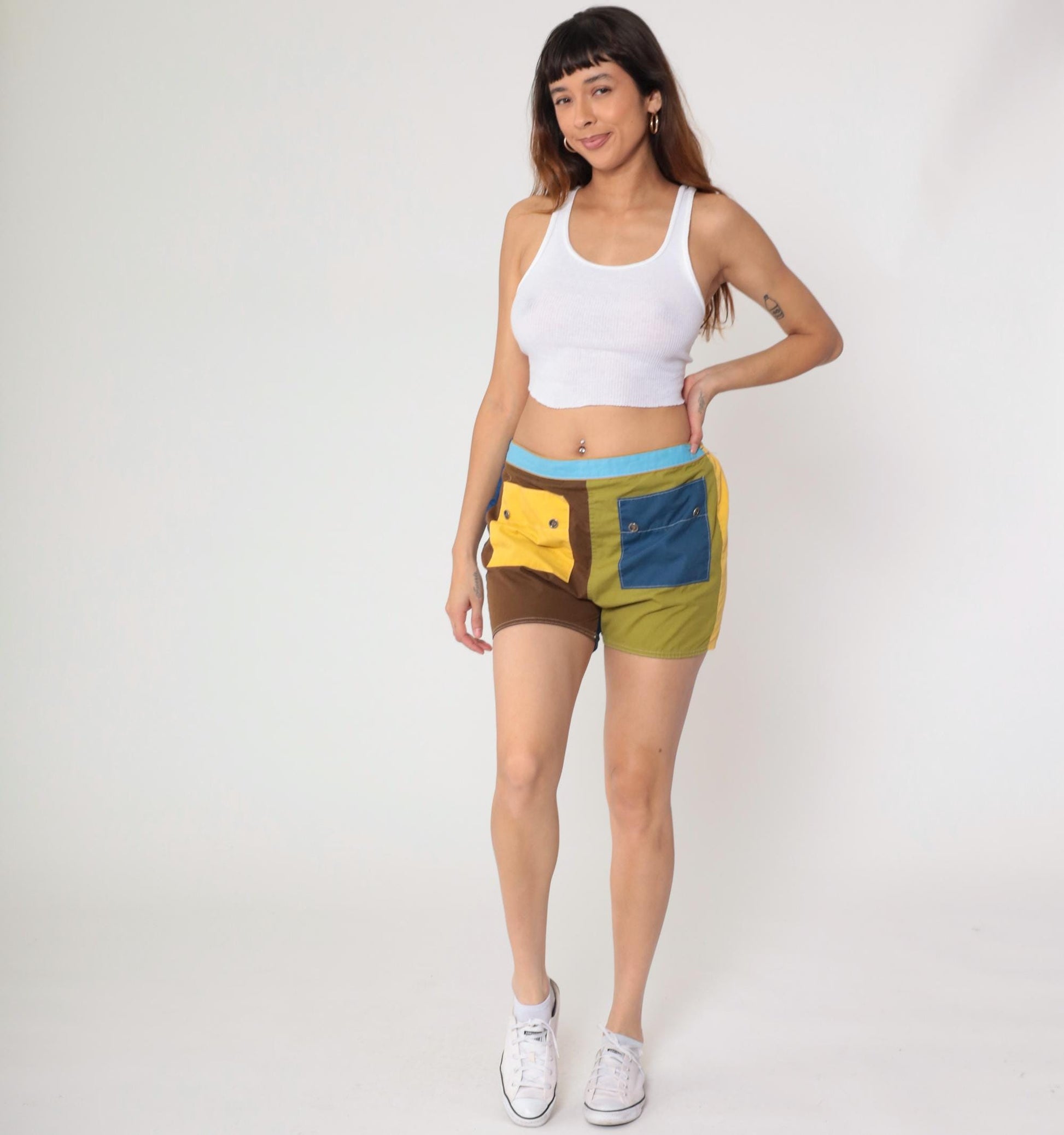 80s Colorblock Shorts Yellow Navy Brown Chartreuse High Waist Cotton Medium