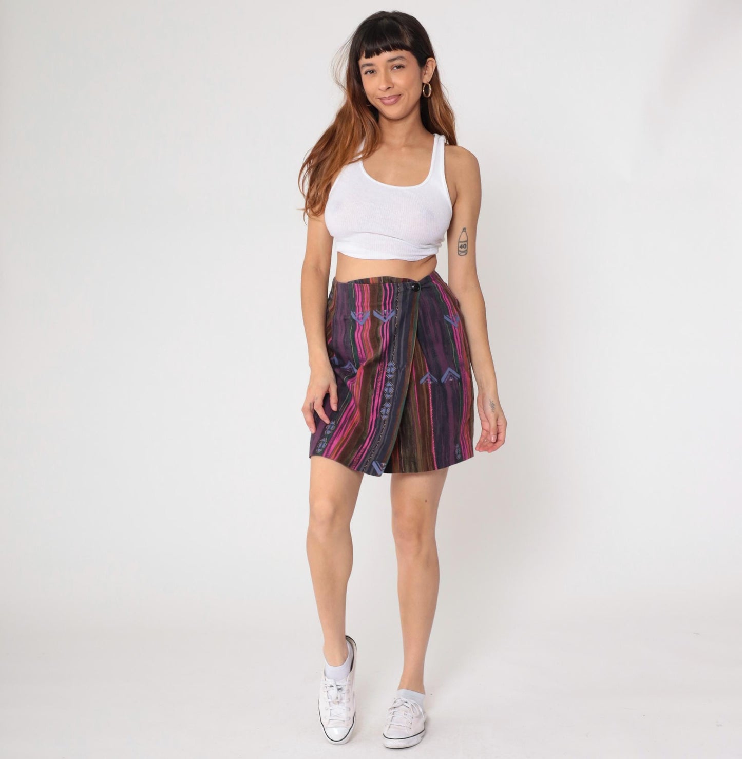 90s Fox & Hound Striped Cotton Mini Wrap Skirt Geometric Purple Pink Medium