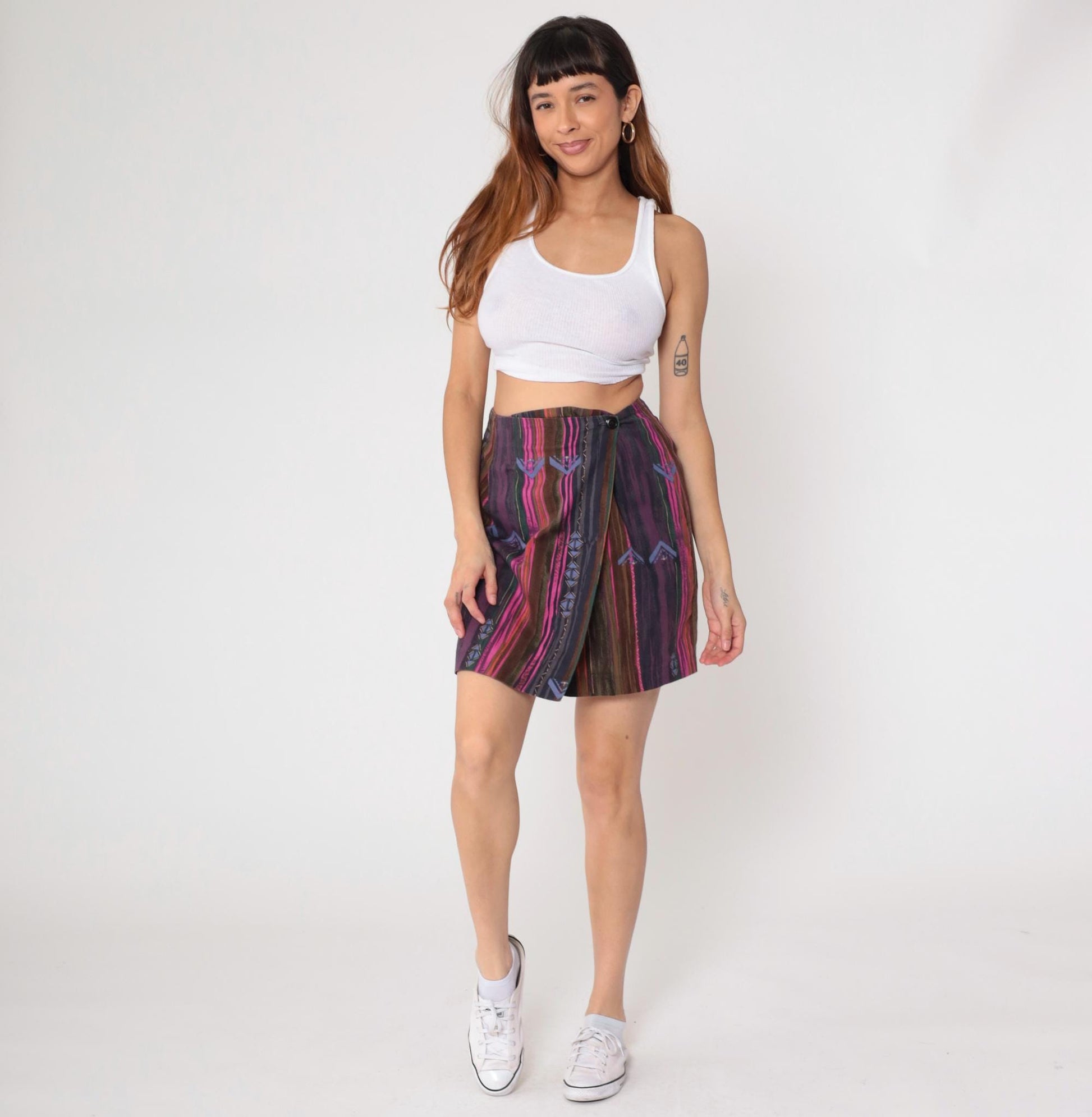 90s Fox & Hound Striped Cotton Mini Wrap Skirt Geometric Purple Pink Medium