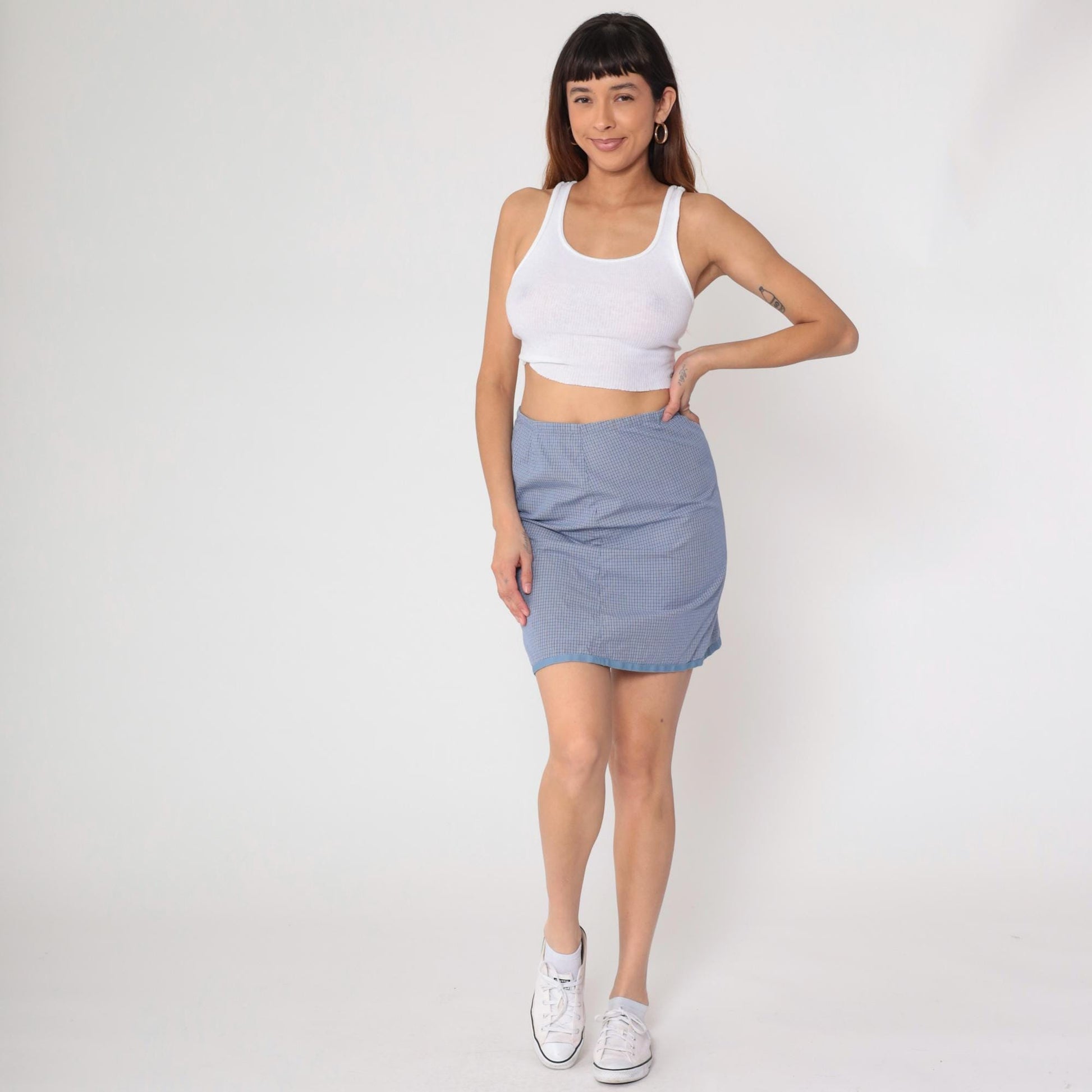 90s Horny Toad Gingham Mini Skirt Blue White Cotton Elastic Medium M
