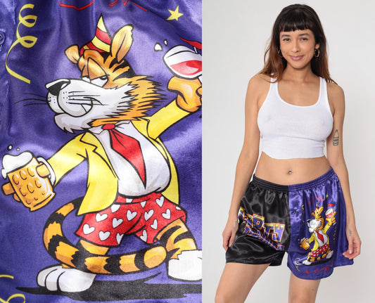 90s Party Trained Tiger Satin Shorts Purple Black Split High Waist Plus Size XXL