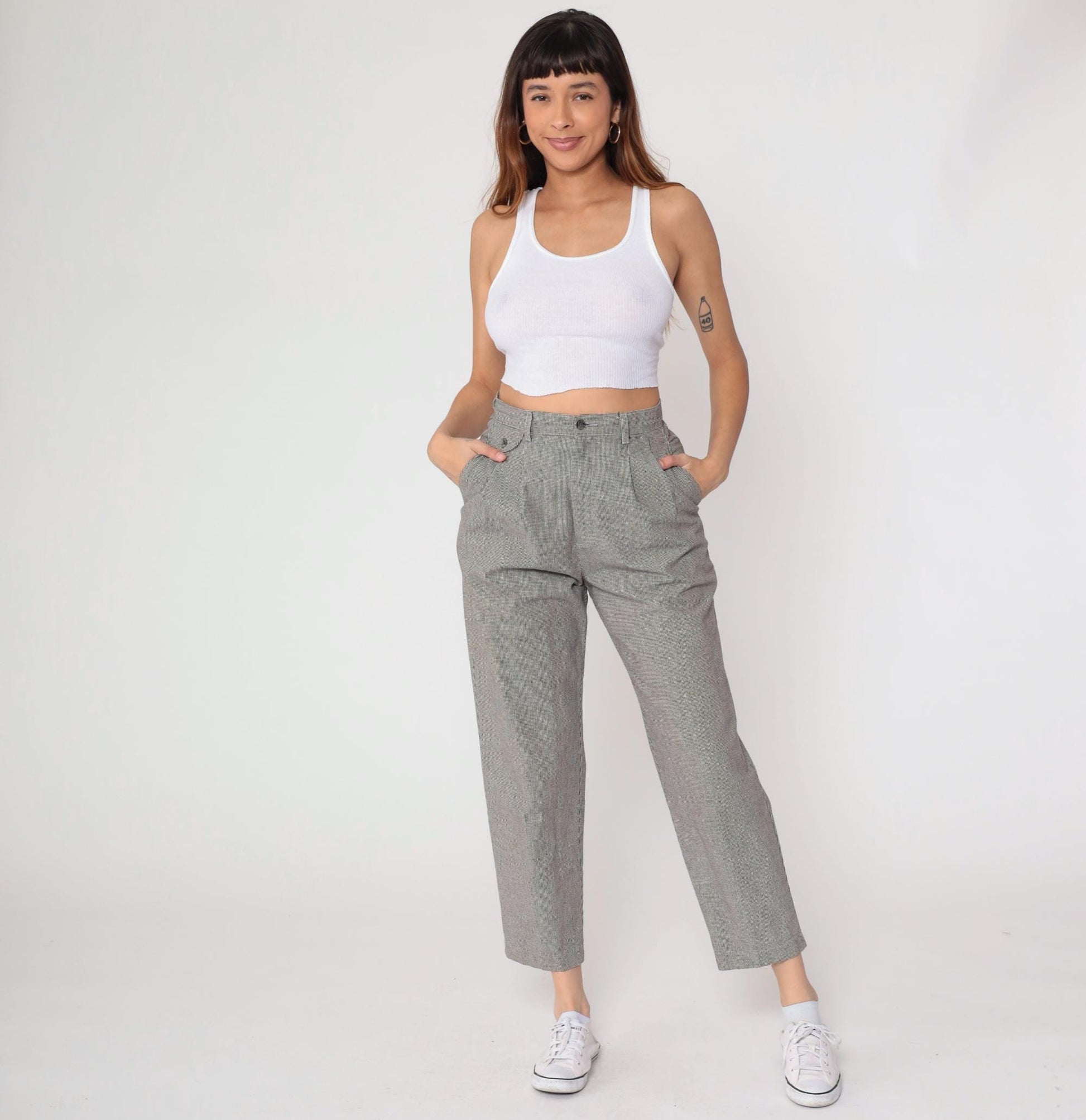 80s Lee Casuals Gray Houndstooth High Waist Tapered Ankle Trousers 29