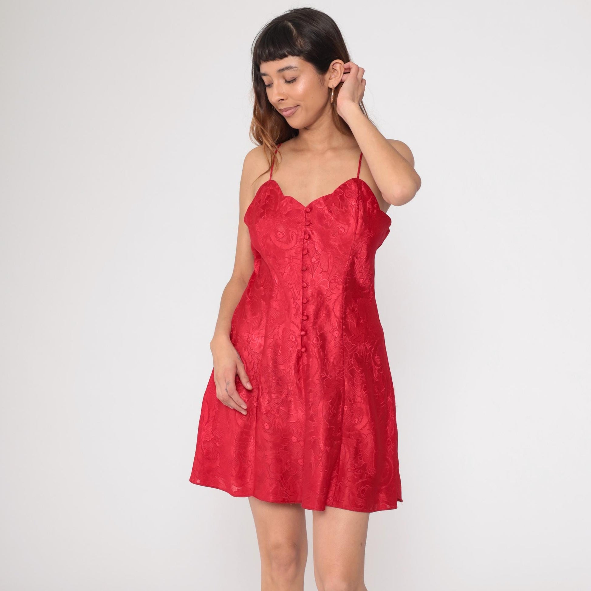 90s Victoria's Secret Red Floral Jacquard Mini Slip Dress Large