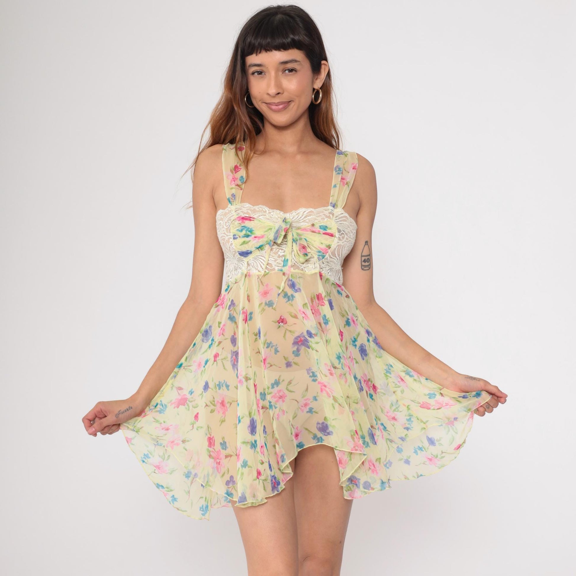 Y2K Victoria's Secret Floral Babydoll Mini Dress Pastel Lace Bow Small
