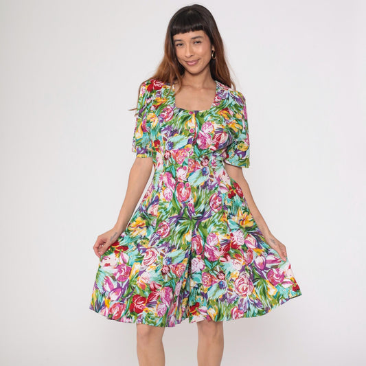 90s Floral Sundress Puff Sleeve Multicolor Watercolor Button Front Medium