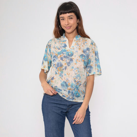 70s Floral Blouse Watercolor Print Blue Cream Sage Mandarin Collar Medium M