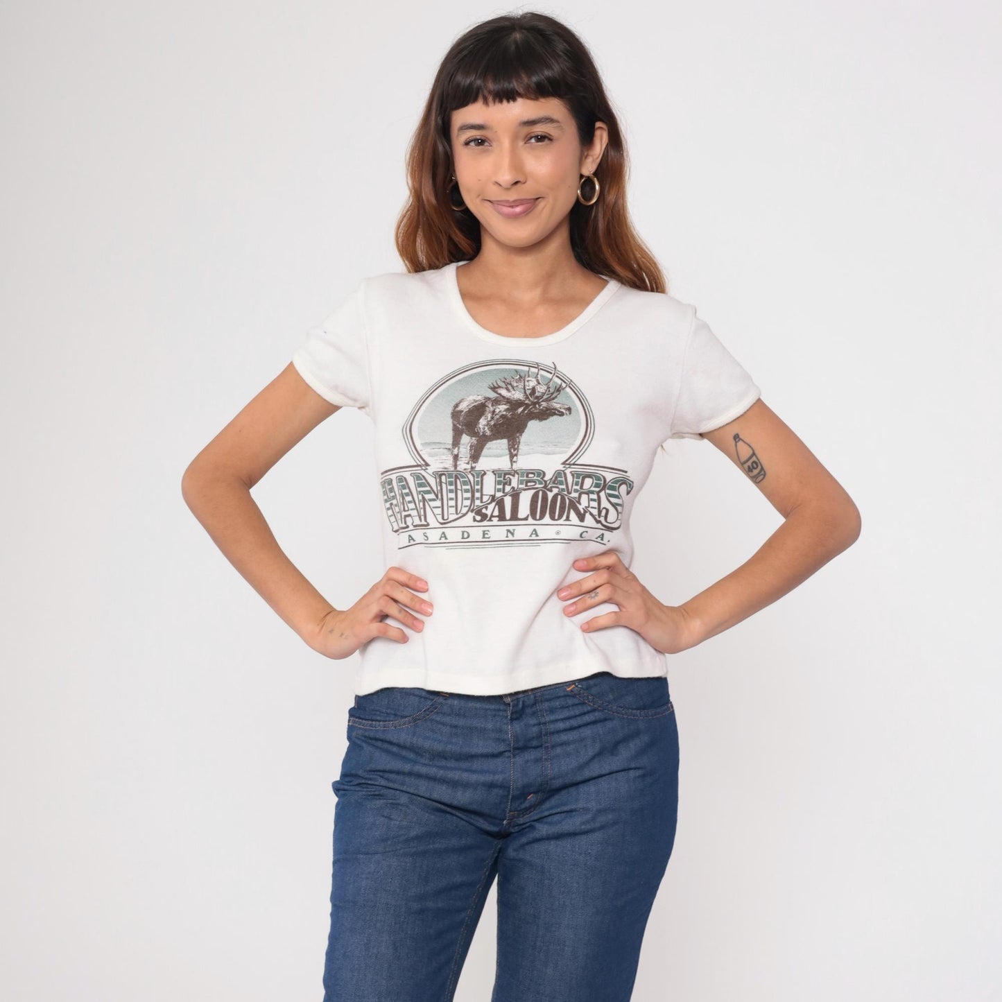 80s Handlebar Saloon Moose Graphic Tee Cream Cropped Large