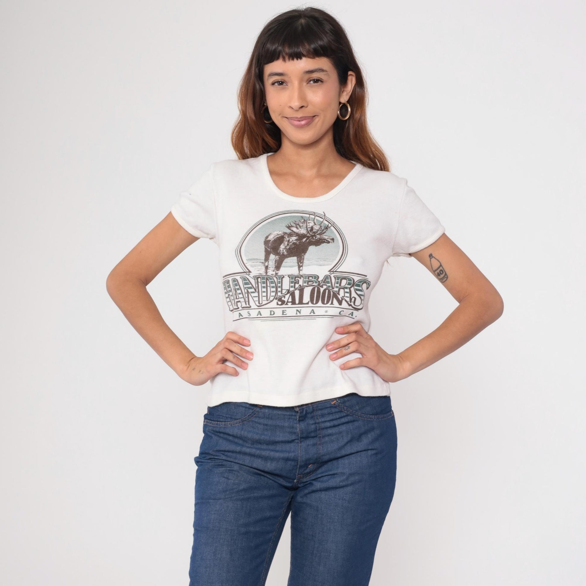 80s Handlebar Saloon Moose Graphic Tee Cream Cropped Large