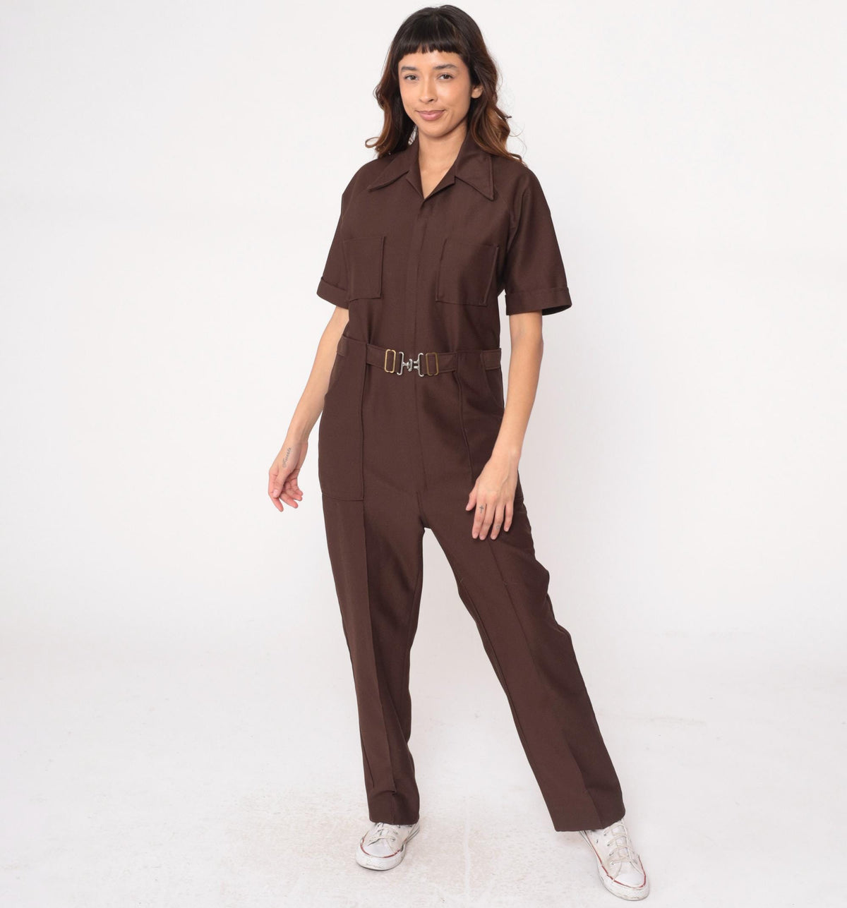 70s Brown Utility Jumpsuit Zip Front Workwear Boiler Suit Medium
