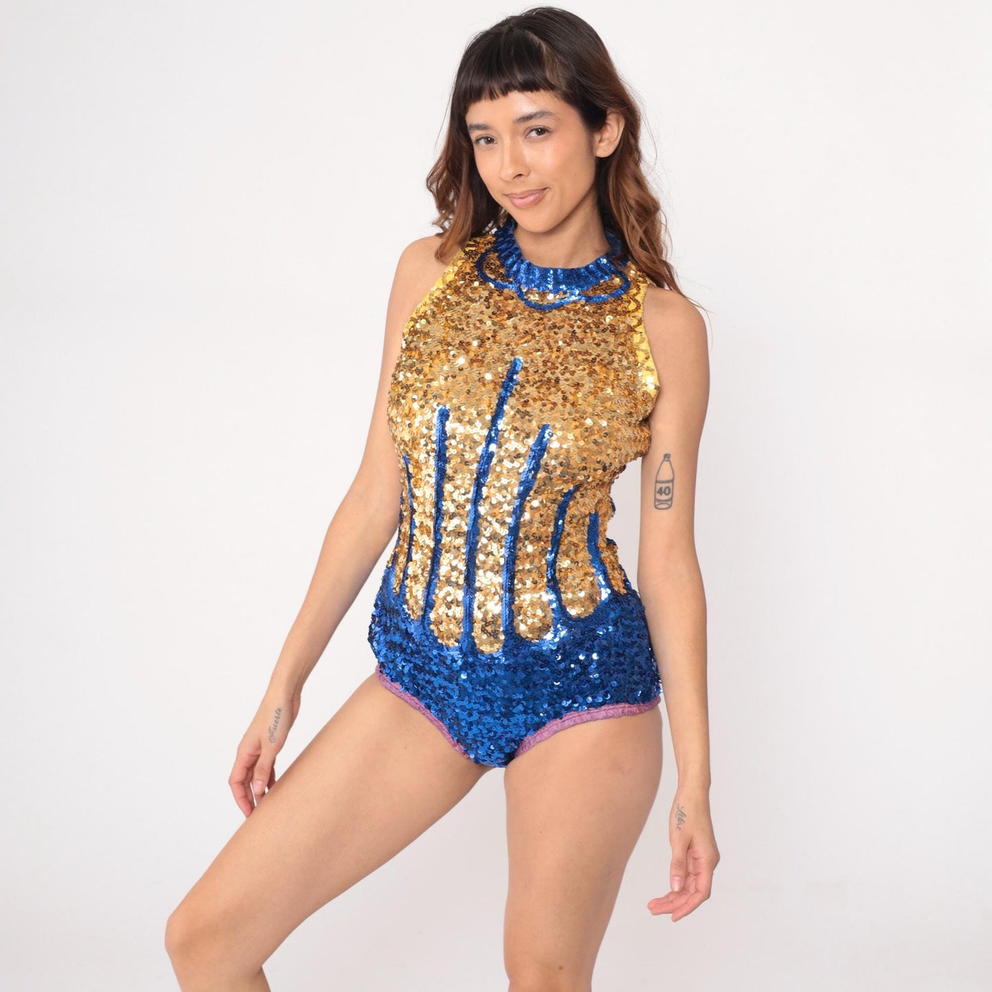 80s Gold Blue Sequin Flame Bodysuit Mock Neck Sleeveless Medium Large