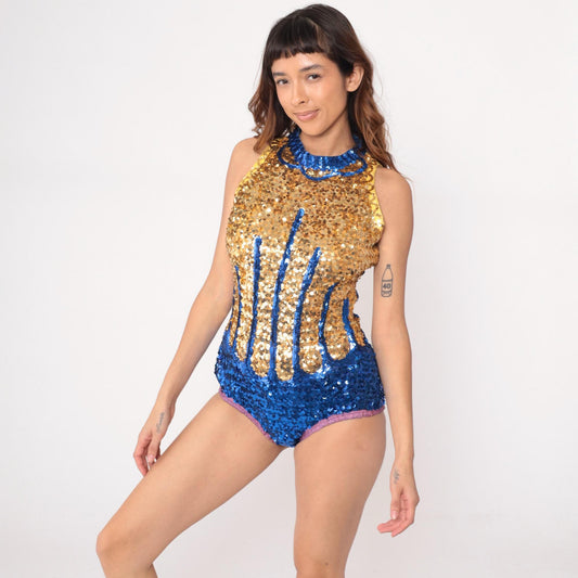 80s Gold Blue Sequin Flame Bodysuit Mock Neck Sleeveless Medium Large