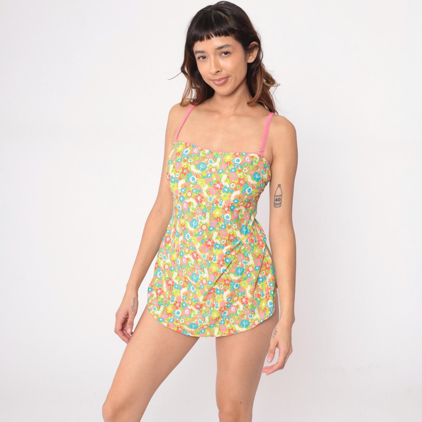 80s Sea Waves Floral One-Piece Swimsuit Skirted Halter Multicolor Large