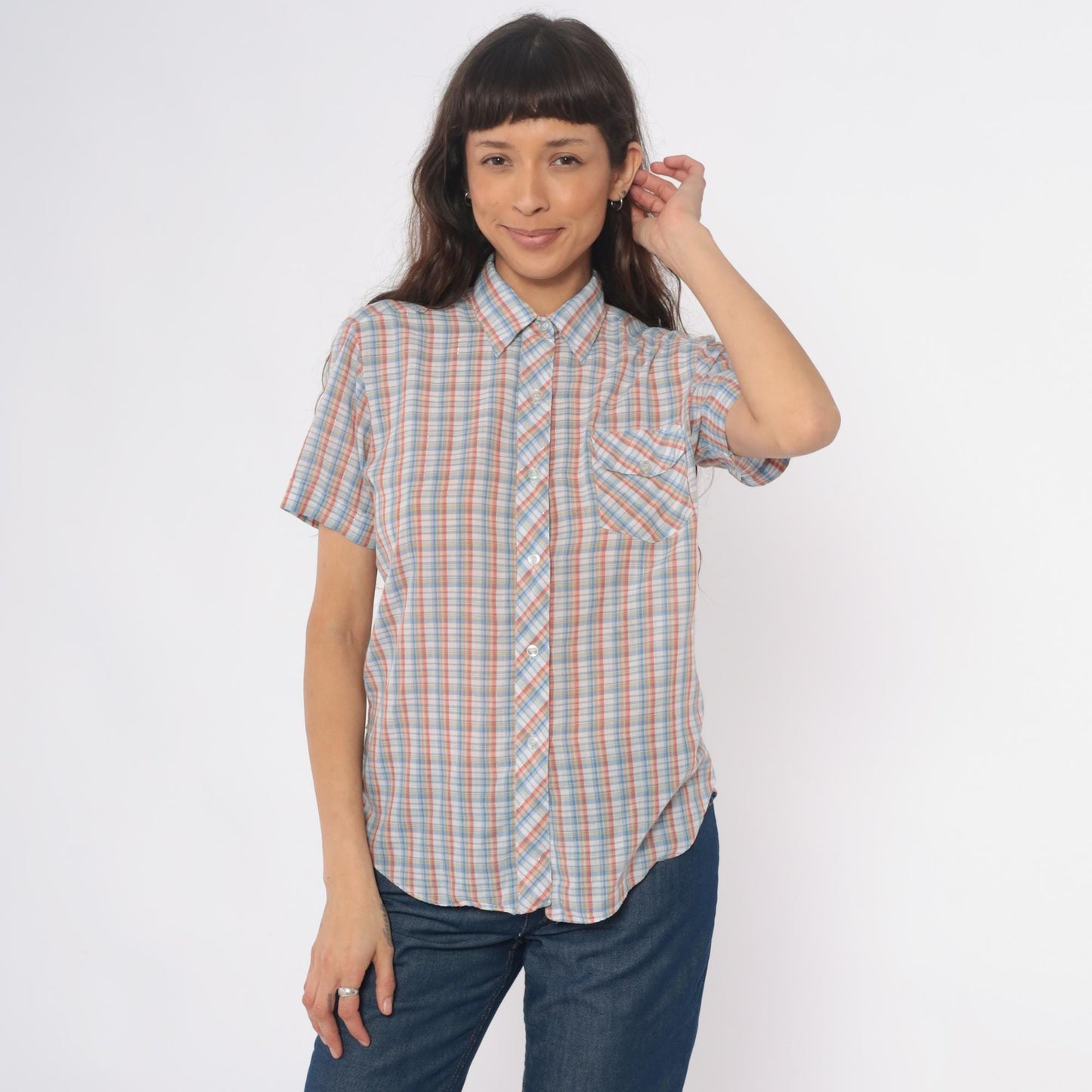 80s Plaid Button-Up Shirt Short Sleeve Pointed Collar Cotton Multicolor Medium