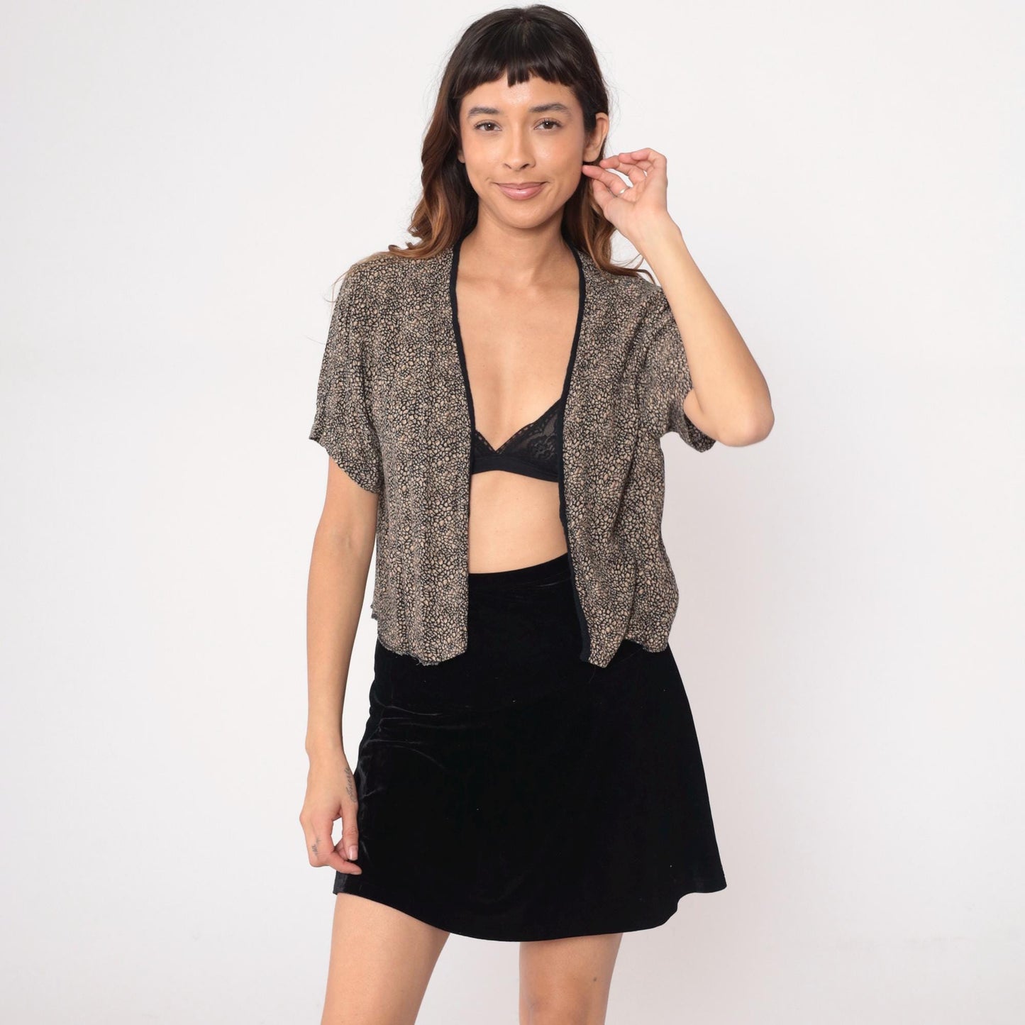 90s Leopard Print Cropped Cardigan Shrug Black Tan Open Front Medium