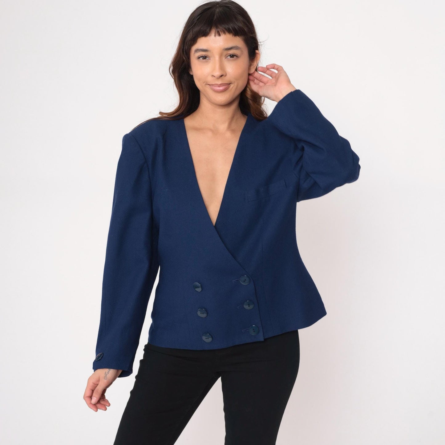 80s Saks Fifth Avenue Navy Wool Blazer Double Breasted Cropped Jacket Large L