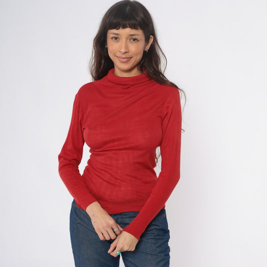 80s Red Turtleneck Acrylic Knit Fitted Long Sleeve Pullover Medium M