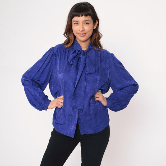 90s Argenti Royal Blue Silk Blouse Pussy Bow Tie Neck Gathered Shoulders Large L