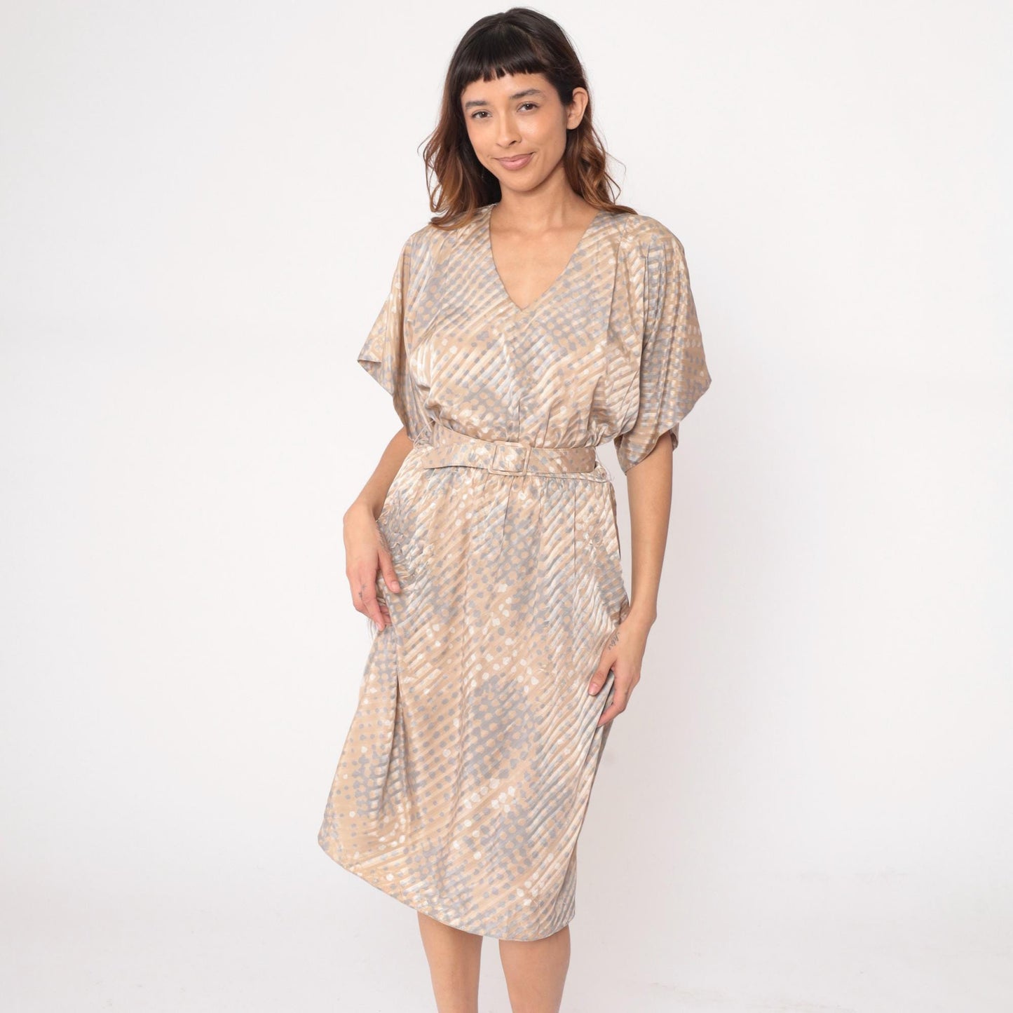 80s Pellini Wrap Dress Beige Polka Dot Diagonal Stripe V-Neck Kimono Sleeve Small