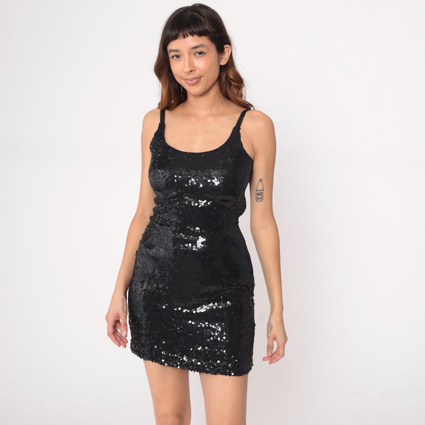 90s Black Sequin Mini Dress Spaghetti Strap Scoop Neck Small S