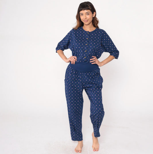 80s Rebe Geometric Jumpsuit Navy Diamond Print Button Front Medium M