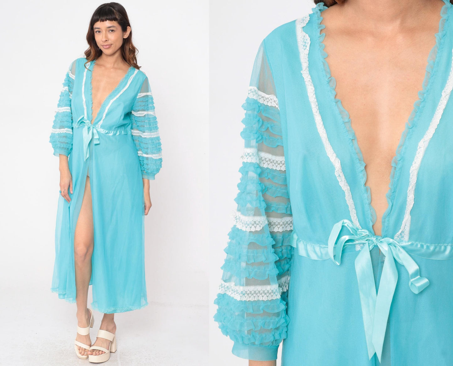 70s Aqua Blue Nylon Robe Sheer Ruffle Lace Trim V-Neck Maxi Medium