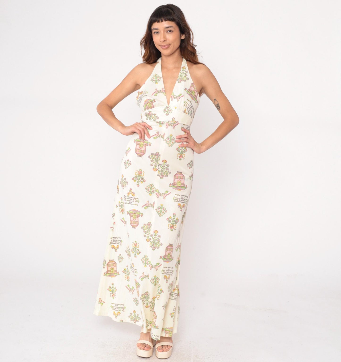 70s White Halter Maxi Dress Novelty Print Open Back Empire Waist Medium