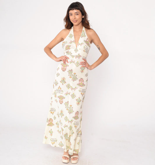 70s White Halter Maxi Dress Novelty Print Open Back Empire Waist Medium
