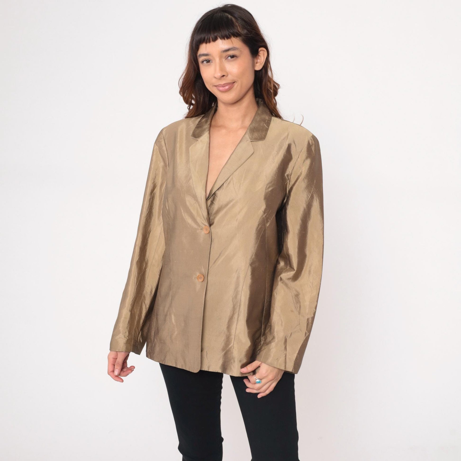 Y2K Ann Taylor Silk Blazer Tan Shawl Collar Two-Button Large L
