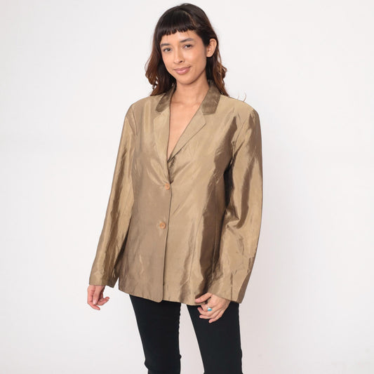 Y2K Ann Taylor Silk Blazer Tan Shawl Collar Two-Button Large L