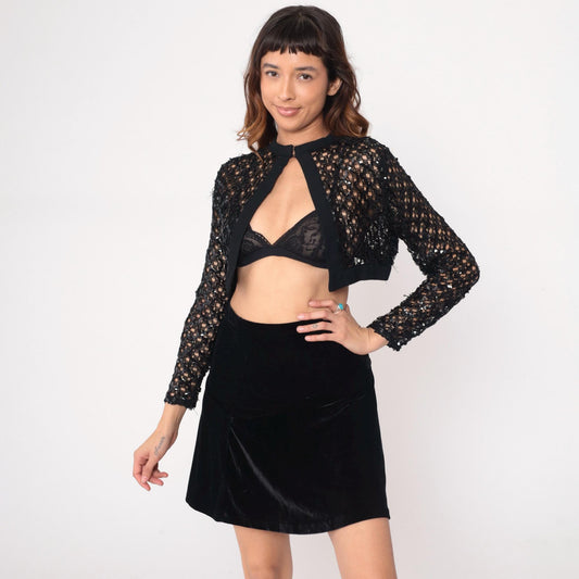 90s Black Sequin Mesh Bolero Cropped Jacket Keyhole Small