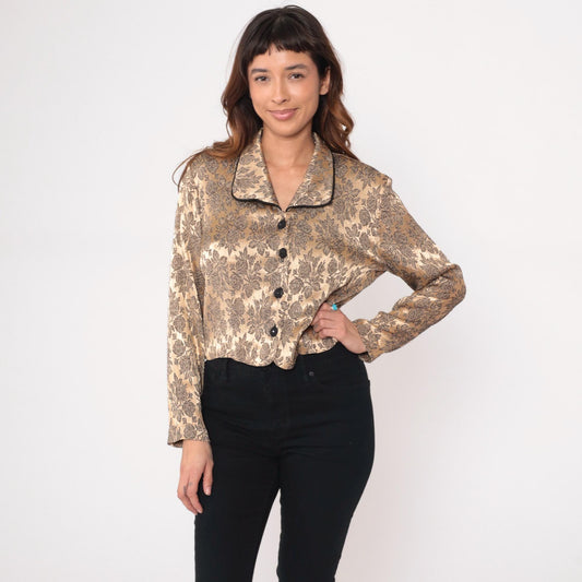 90s Sheri Martin Floral Brocade Jacket Cropped Champagne Black Piping Medium