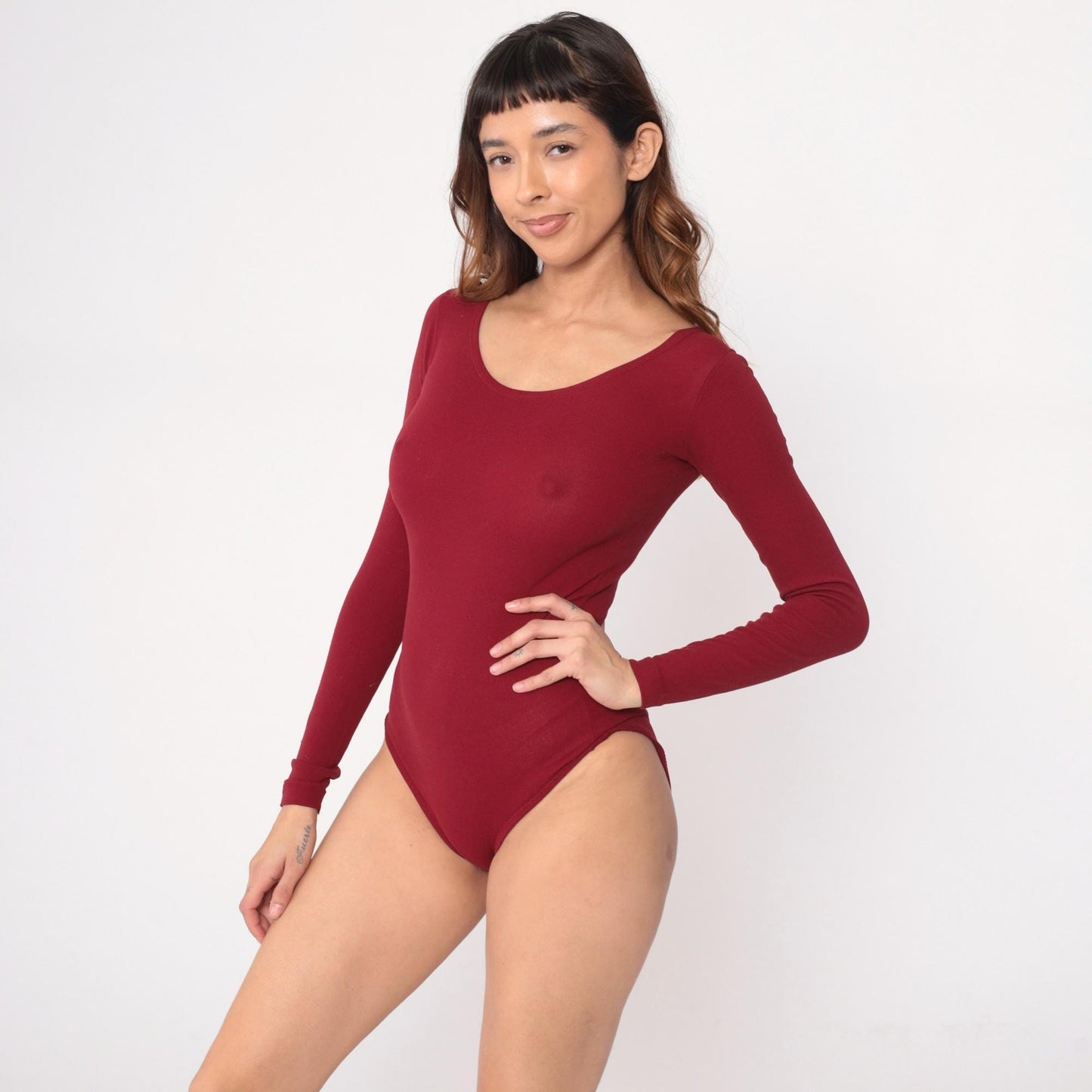 70s Burgundy Bodysuit Long Sleeve Scoop Neckline Snap Closure Small