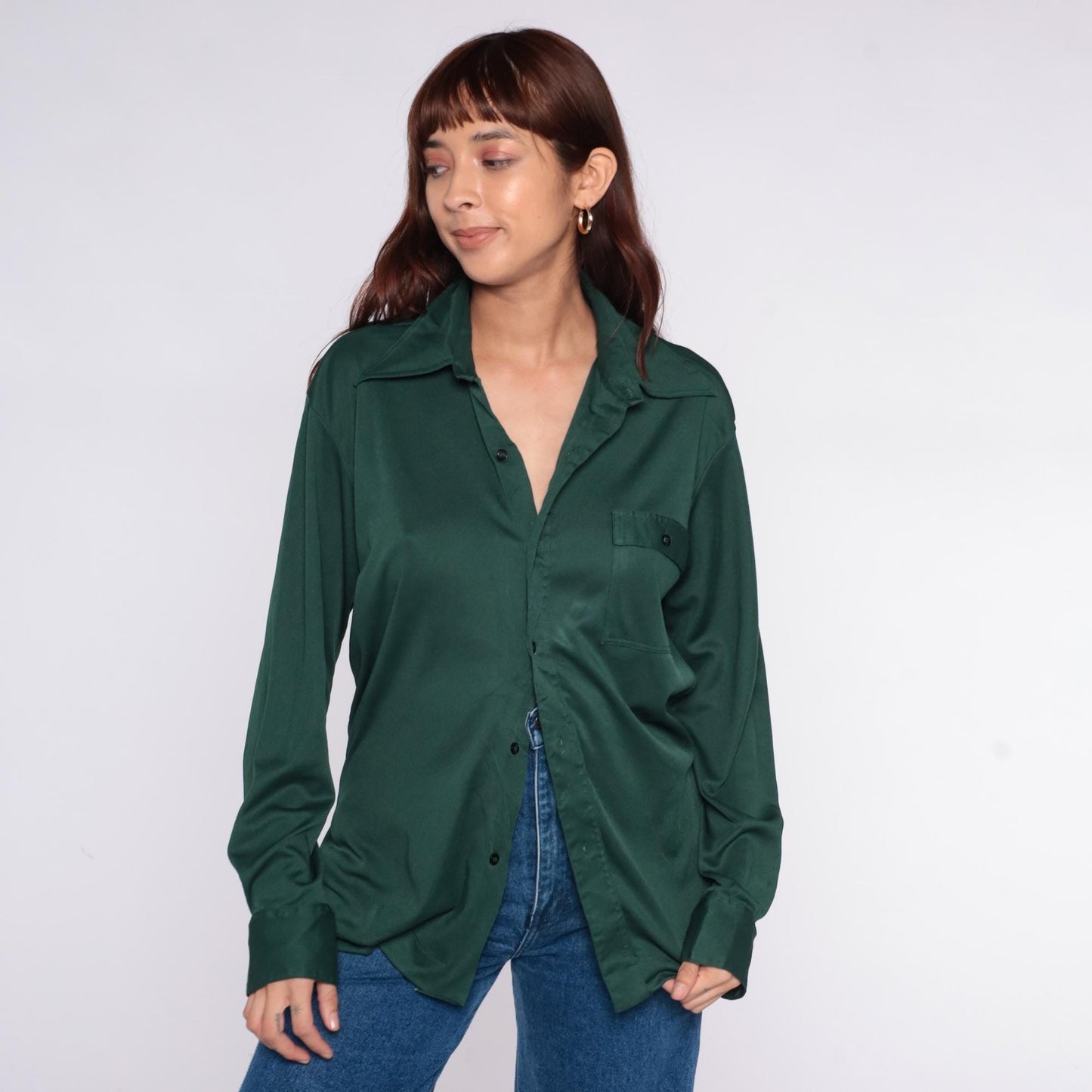 70s Joel Forest Green Button-Up Shirt Long Sleeve Chest Pocket Large