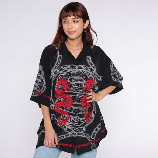 Y2K Saphire Lounge Dragon Chain Button Shirt Black Red Extra Large XL