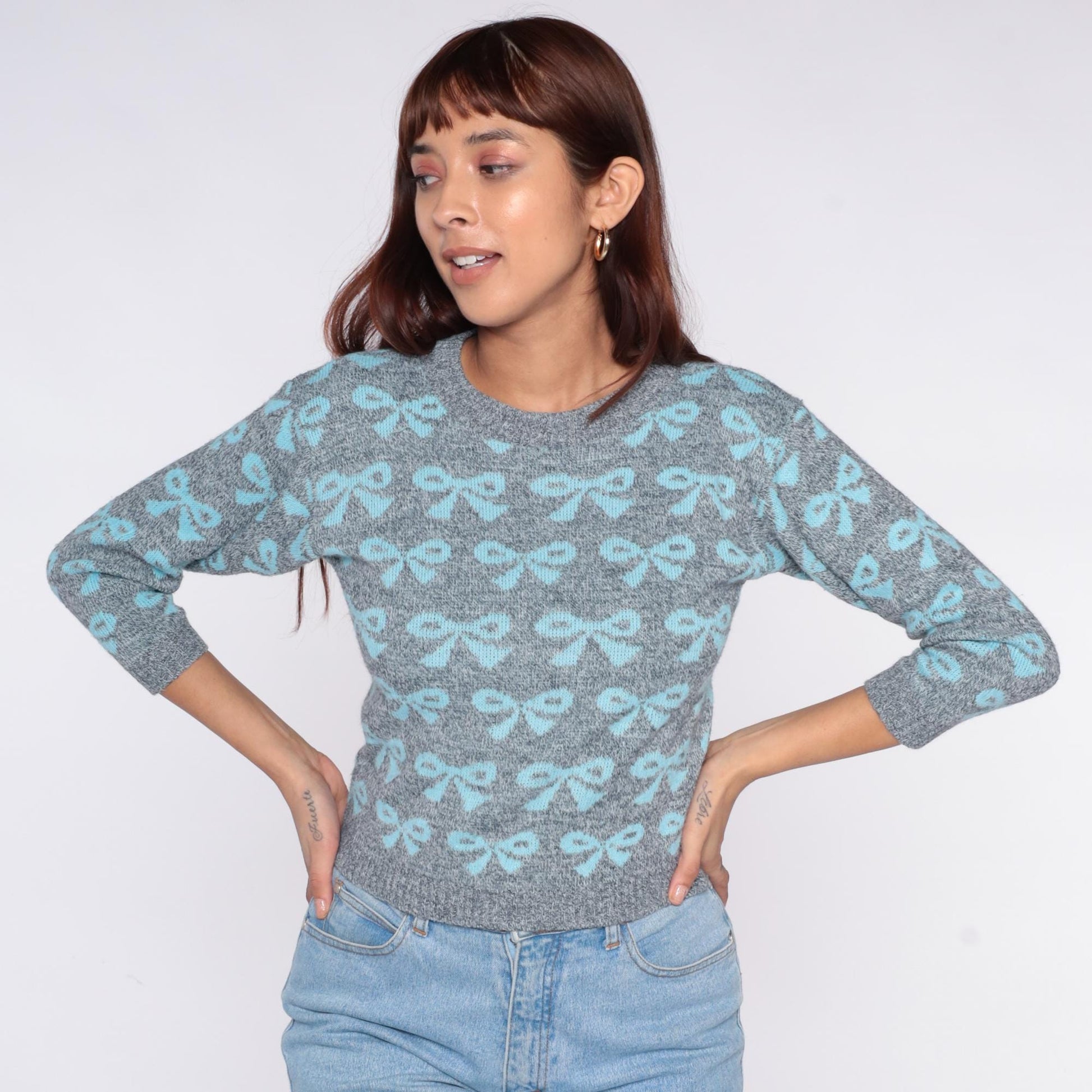 80s Go Nitty Grey Turquoise Bow Knit Sweater Cropped Crew Neck Extra Small