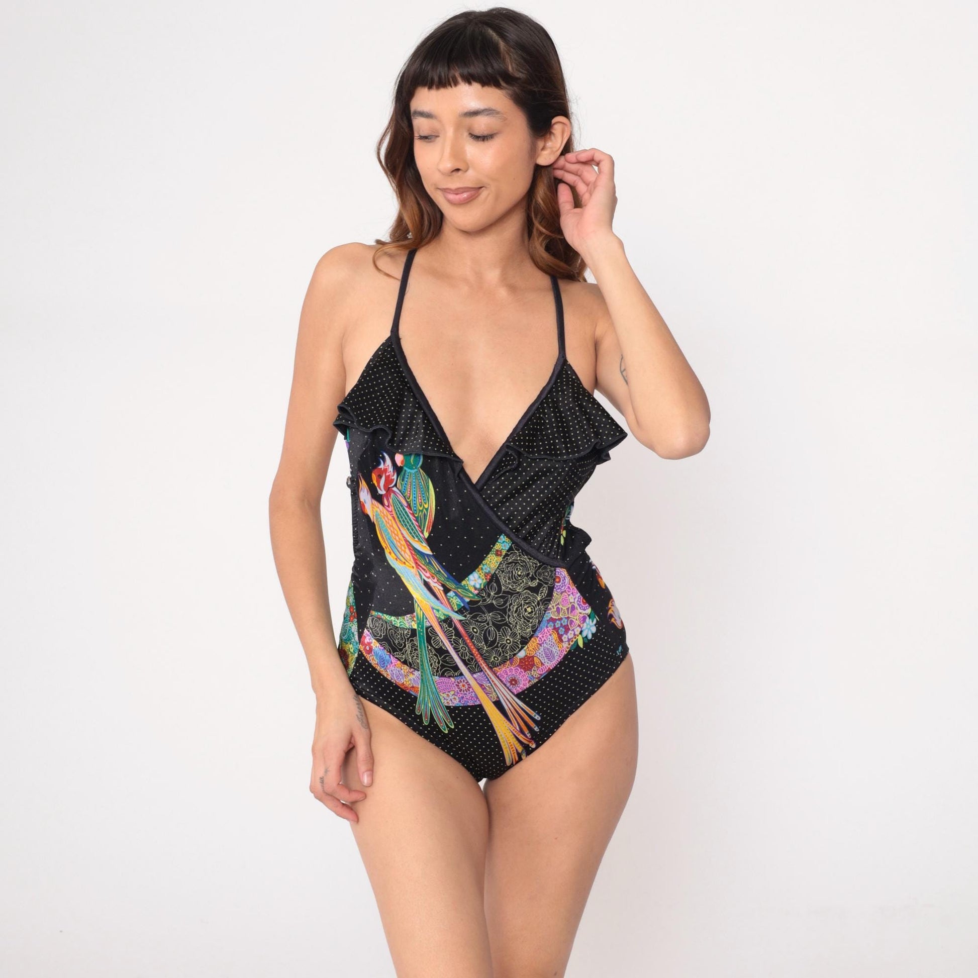 90s Gaviota Parrot Tropical One-Piece Swimsuit Black Polka Dot Medium