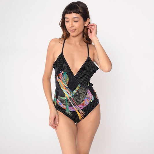 90s Gaviota Parrot Tropical One-Piece Swimsuit Black Polka Dot Medium