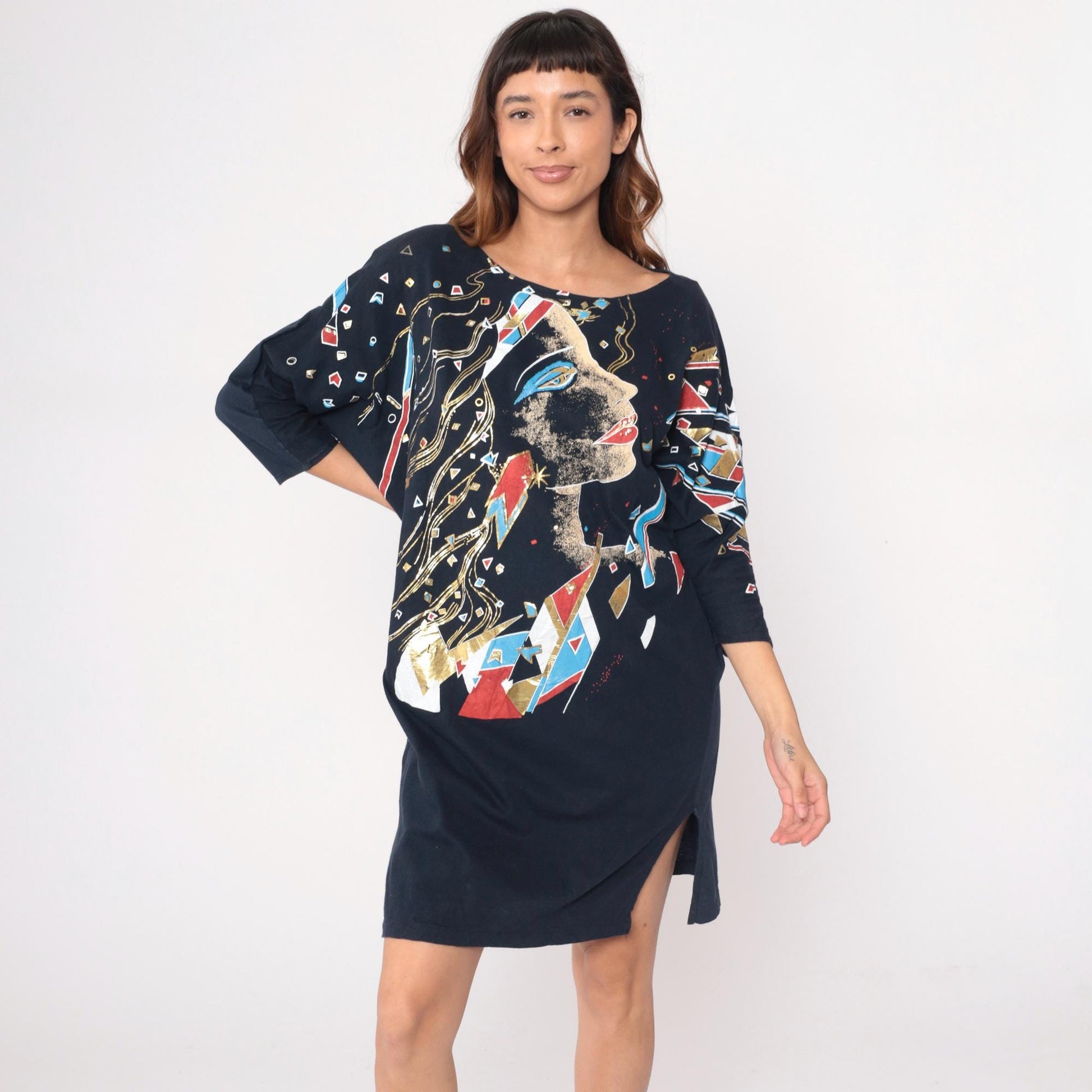 90s Abstract Face Graphic Shift Dress Black Cotton Knee-Length Medium M