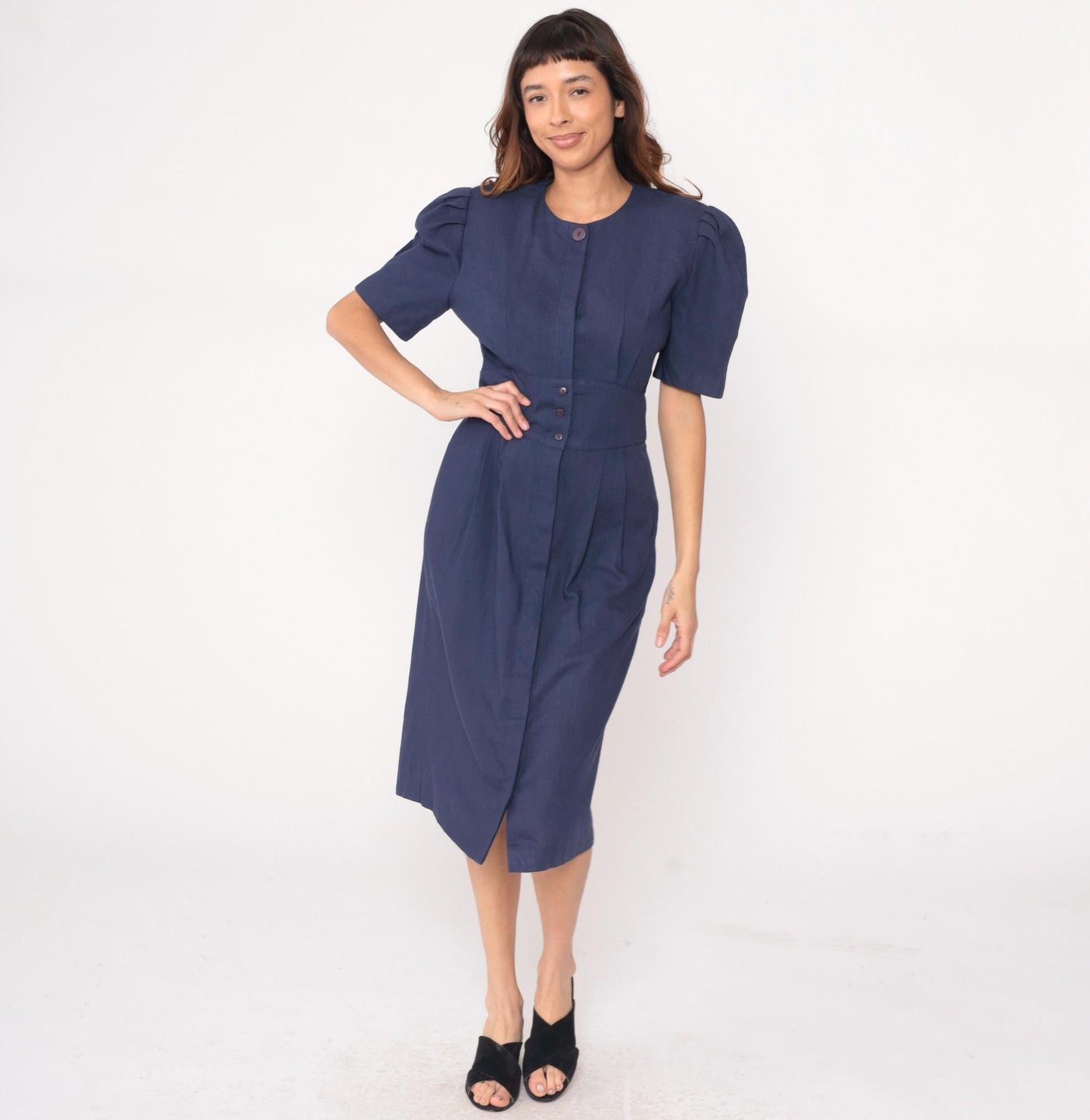 80s Jessica Howard Navy Puff Sleeve Dress Pleated Skirt Shoulder Pads Medium