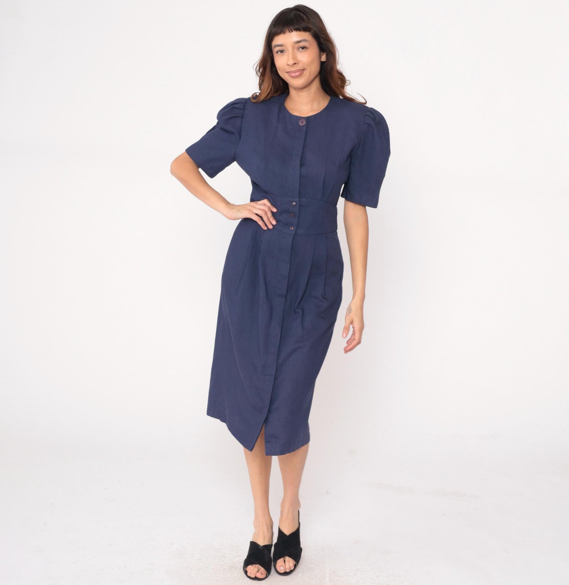 80s Jessica Howard Navy Puff Sleeve Dress Pleated Skirt Shoulder Pads Medium