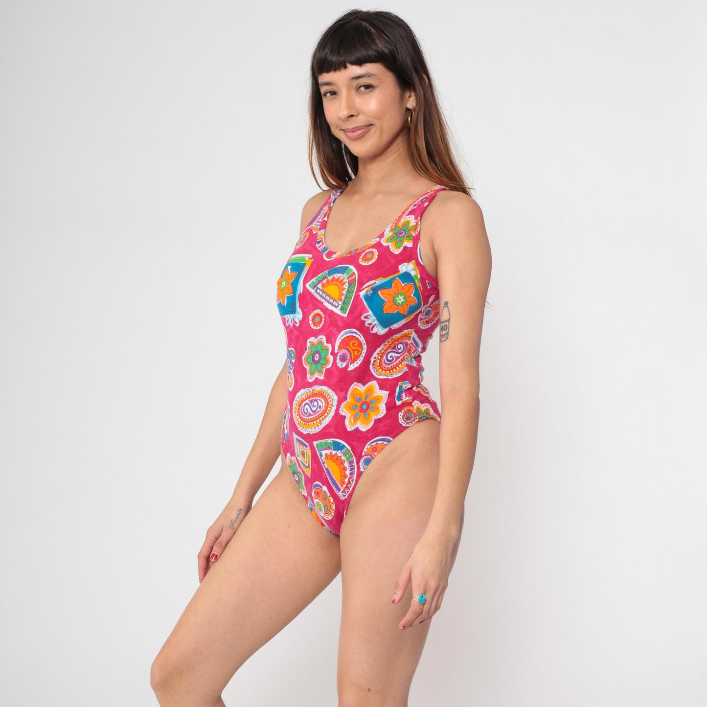 90s United Colors of Benetton One-Piece Swimsuit Pink Paisley Geometric Large L
