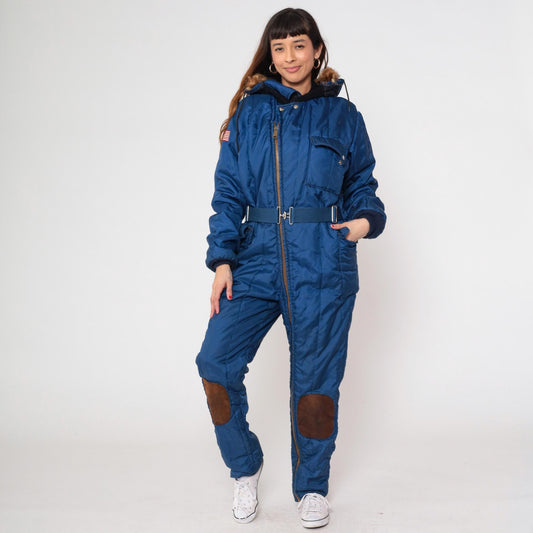 70s Polarware Ski Suit Blue Snowsuit Fur Hood American Flag Mens Medium