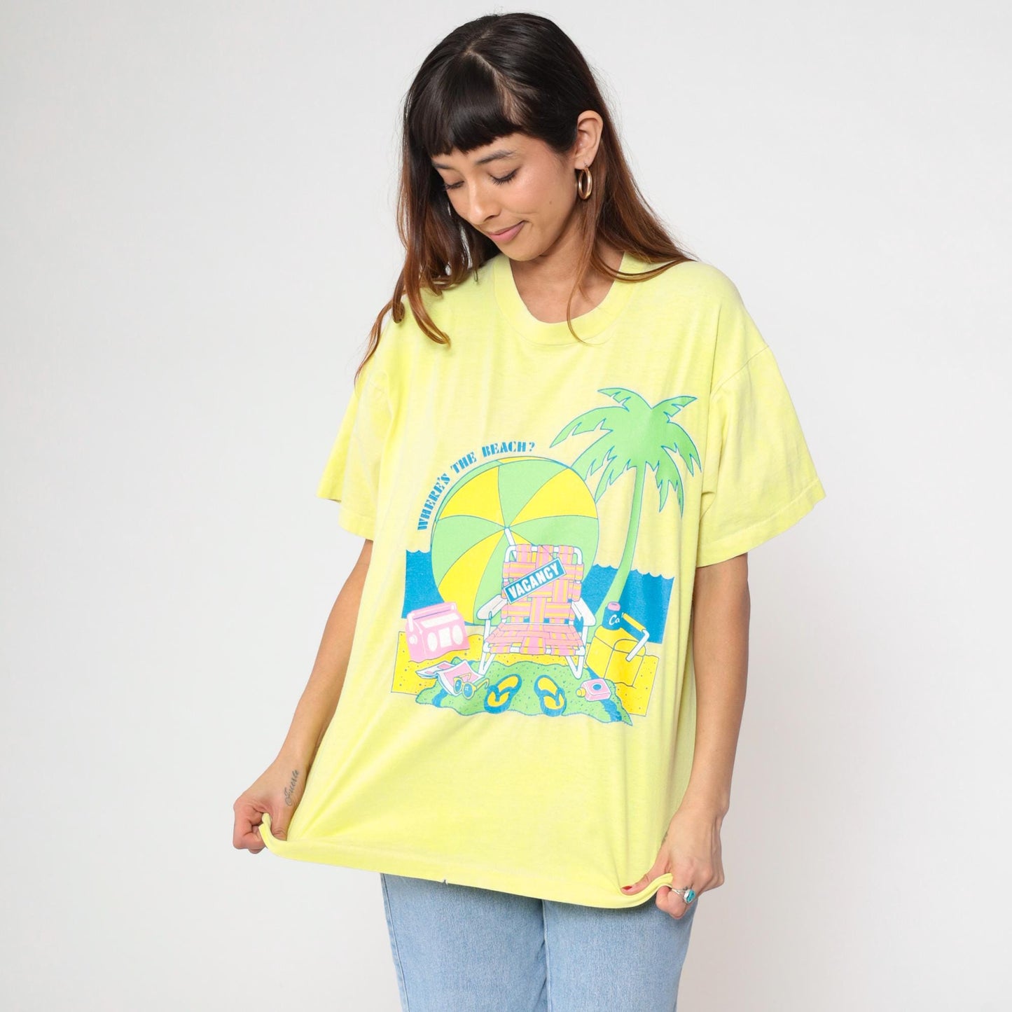 90s Fruit of the Loom Yellow Beach Graphic T-Shirt Where's The Beach Extra Large XL