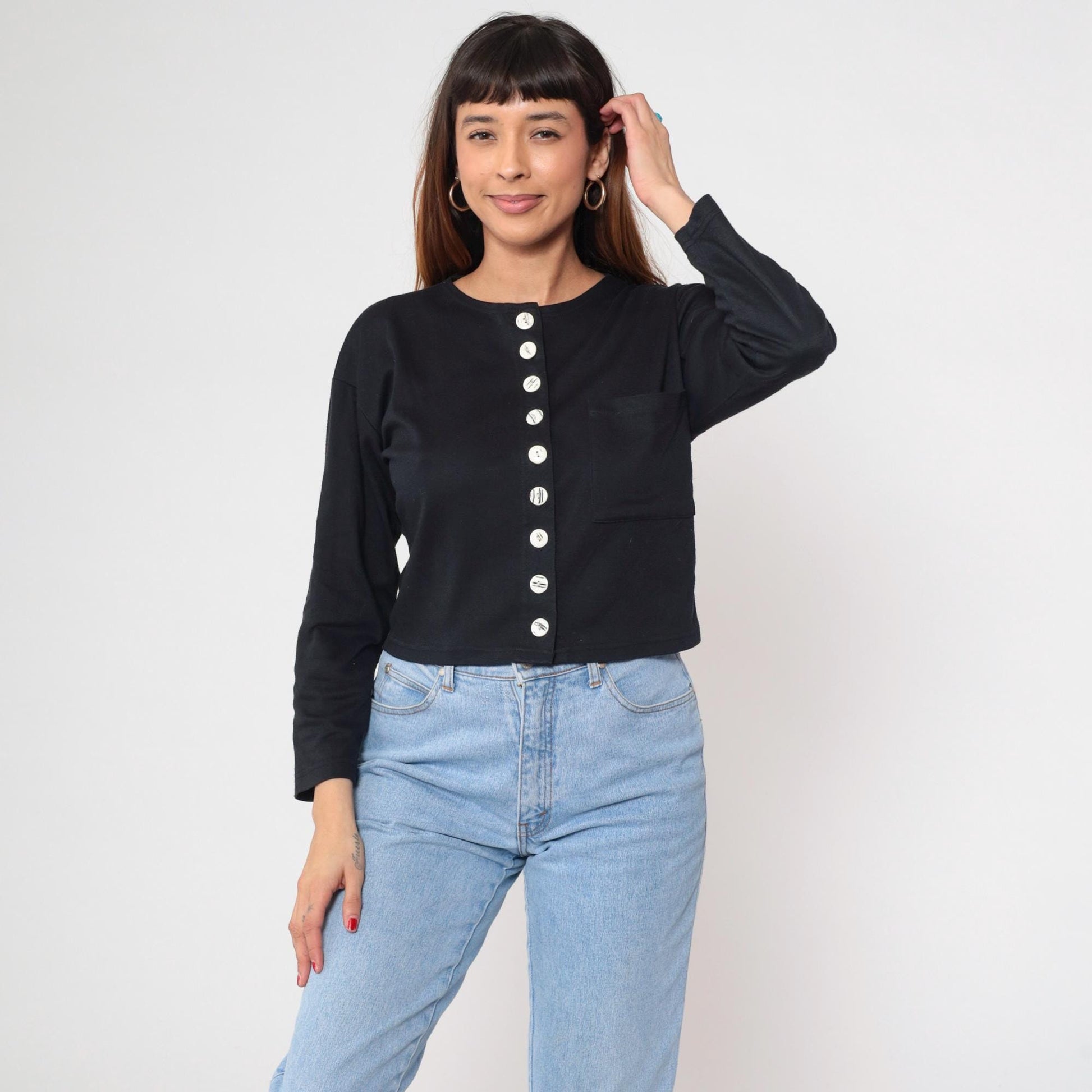 90s Adrenaline Black Cropped Cardigan White Buttons Crew Neck Medium M